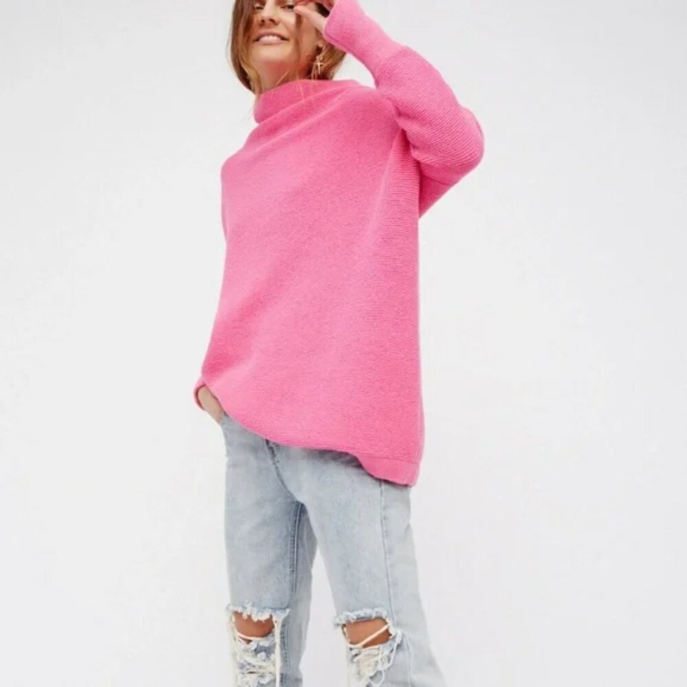 Free People Ottoman Slouchy Ribbed Mock Neck Sweater Tunic Electric Pink (M)